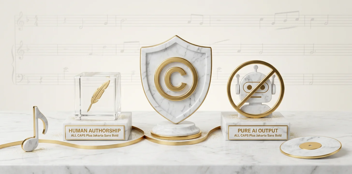 Diagram of ai music copyright showing protected human authorship versus unprotected pure AI output