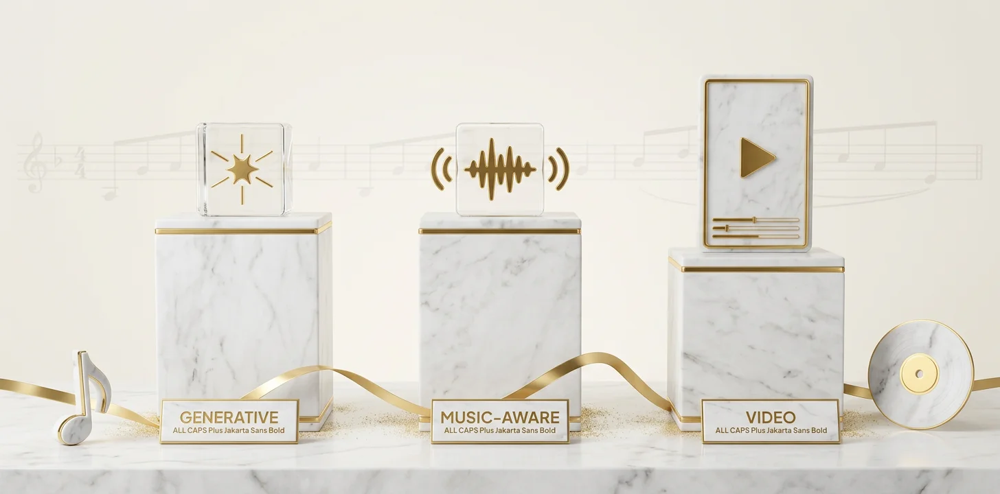 Three modifiers that define an AI music video generator — generative, music-aware, and video — shown as marble pedestals on the category boundary