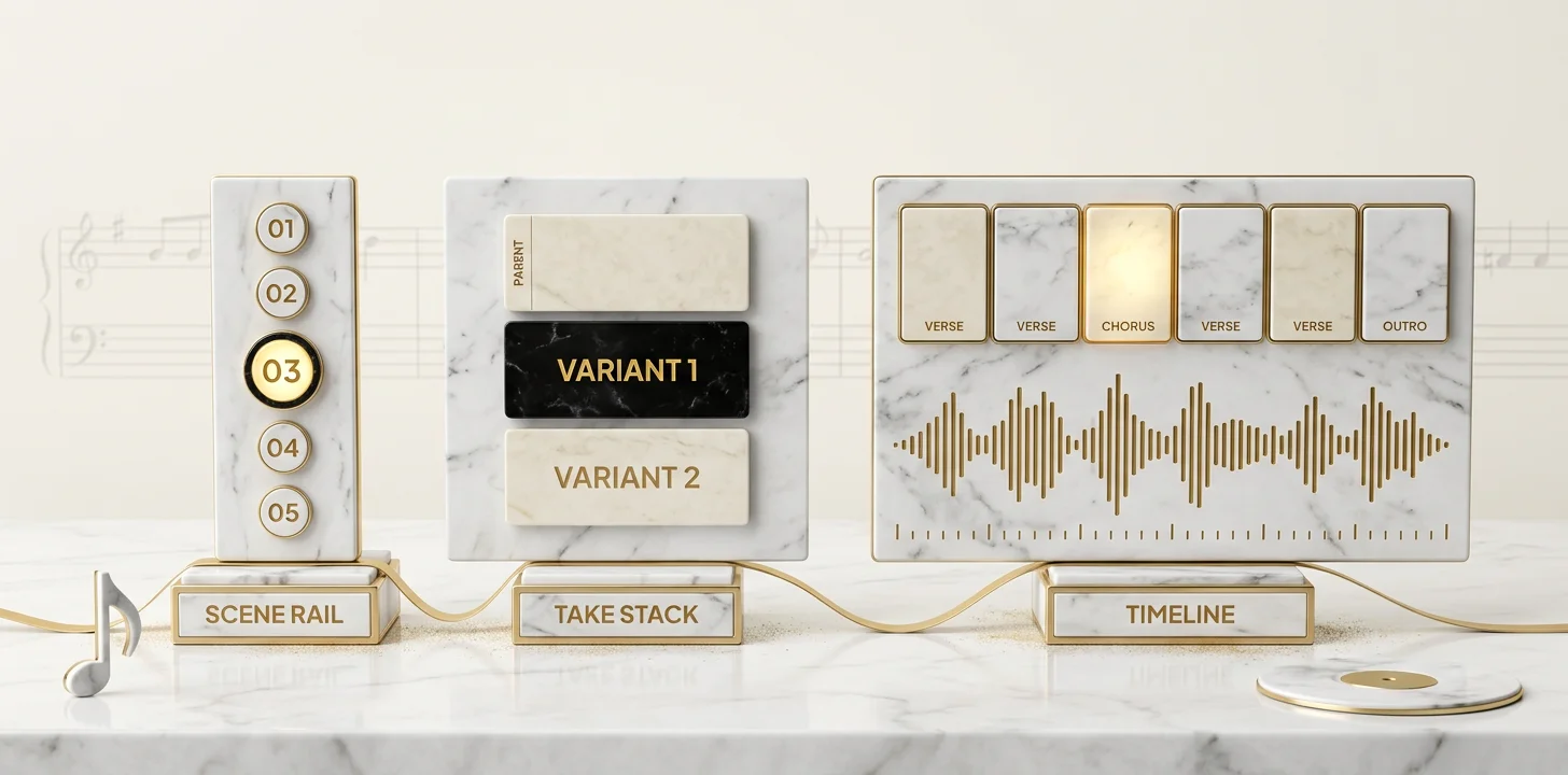 The Echonos Studio interface laid out left to right — scene rail with numbered bubbles, take stack with parent and variant cards, timeline workspace showing clips against the audio waveform and beat grid