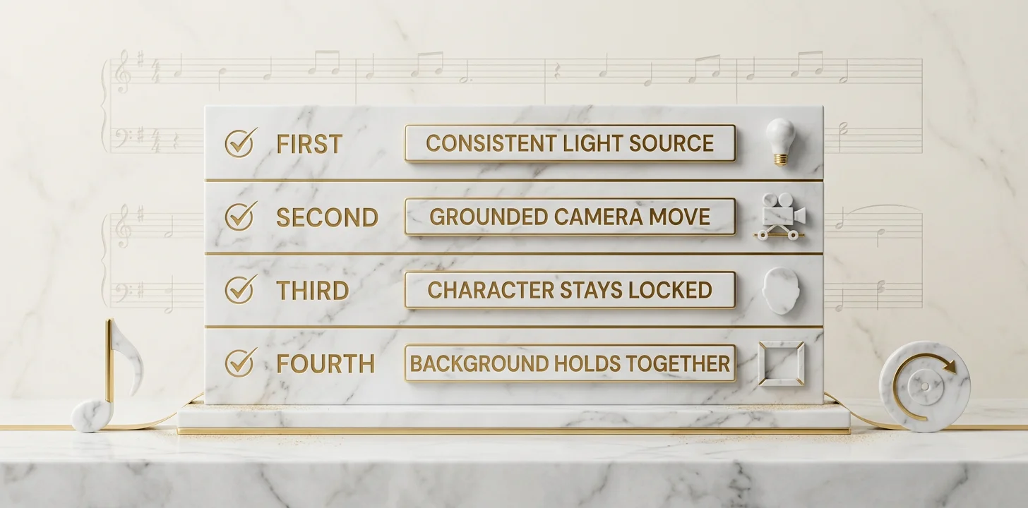 Checklist of the four craft signals viewers unconsciously judge to decide whether an AI video looks real