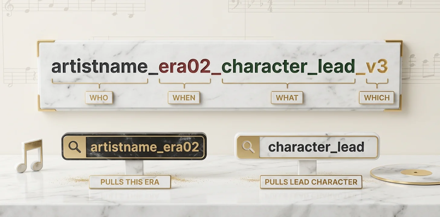 Annotated filename artistname underscore era02 underscore character lead underscore v3, with each segment color-coded as Who, When, What, and Which, plus two example Vault searches