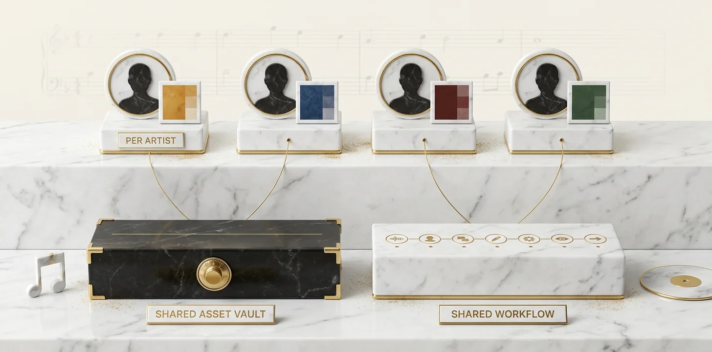 The 4 layers of an artist manager visual toolkit: per artist personas, per artist styles, shared asset vault, and shared workflow in Echonos
