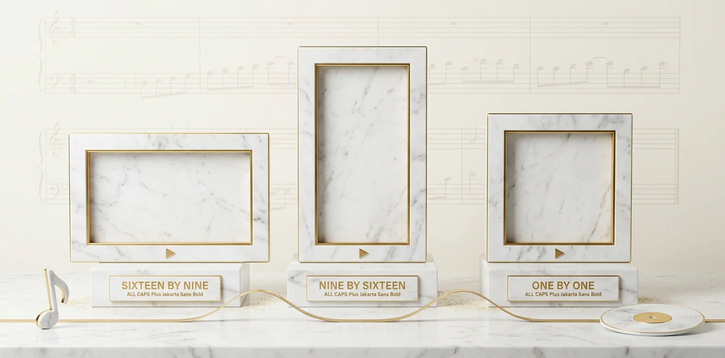 The music video aspect ratio frames 9:16 1:1 and 16:9 shown as marble tablets of distinct proportions