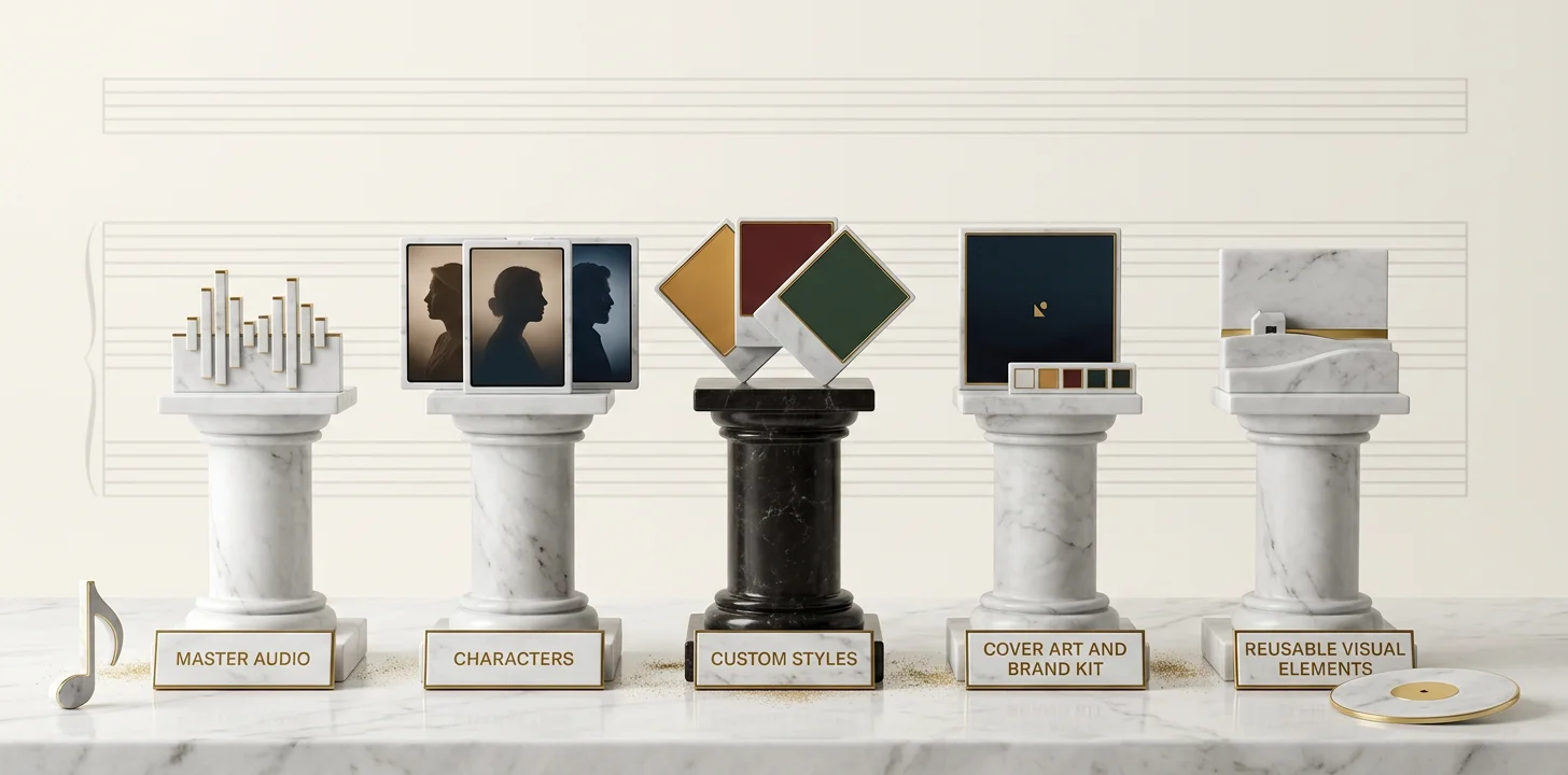 The five components of a scalable artist brand asset library: master audio, characters, custom styles, cover art and brand kit, and reusable visual elements