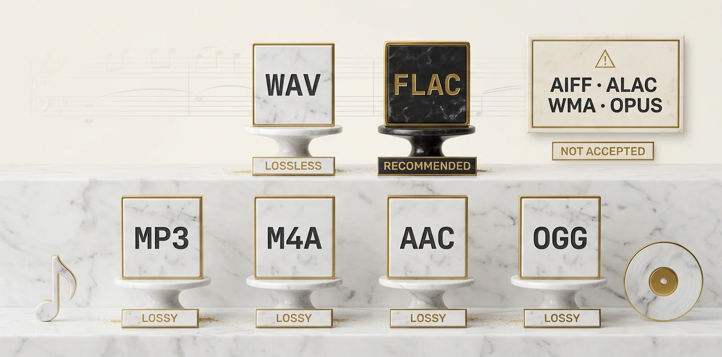 The six audio formats Echonos Engine accepts compared: lossless WAV and FLAC versus lossy MP3, M4A, AAC, and OGG, with rejected formats called out