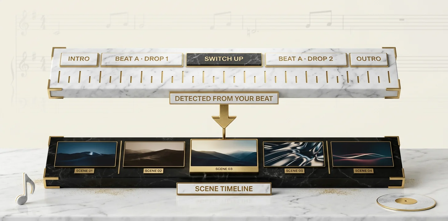 How beat sync works on instrumentals: the detected beat grid feeds the visual cut timeline