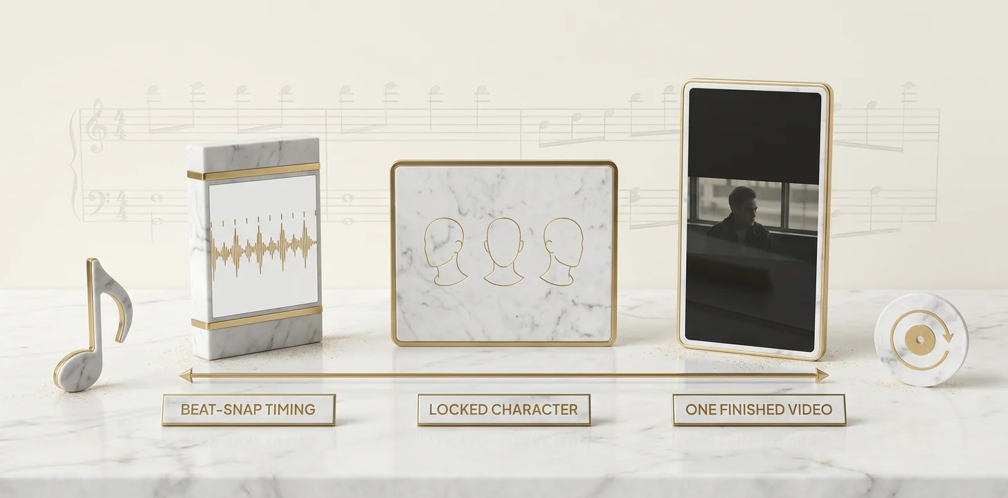 Workflow showing beat-snap timing and a locked character reference combining into one finished synced music video
