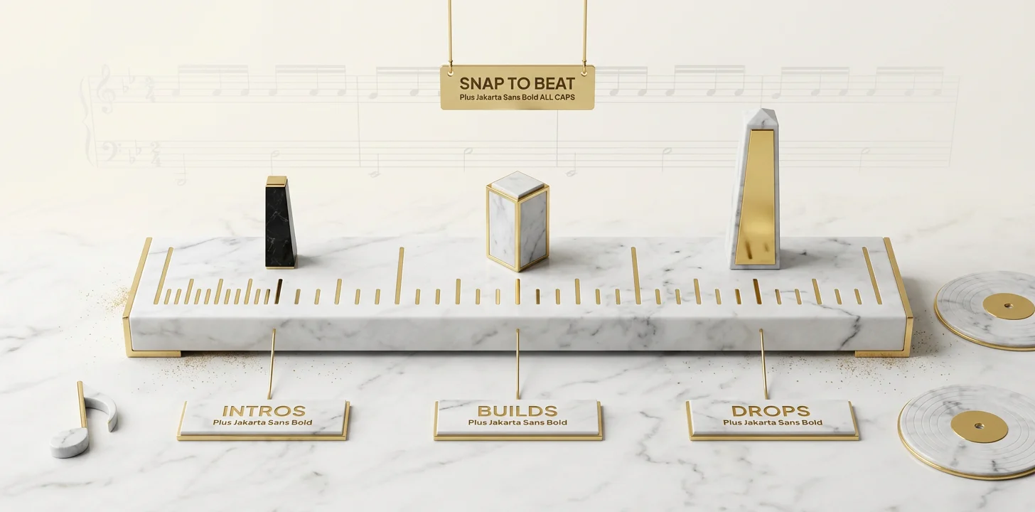 Studio timeline showing waveform with three cue point categories — drops, builds, and intros — that scene clips snap to