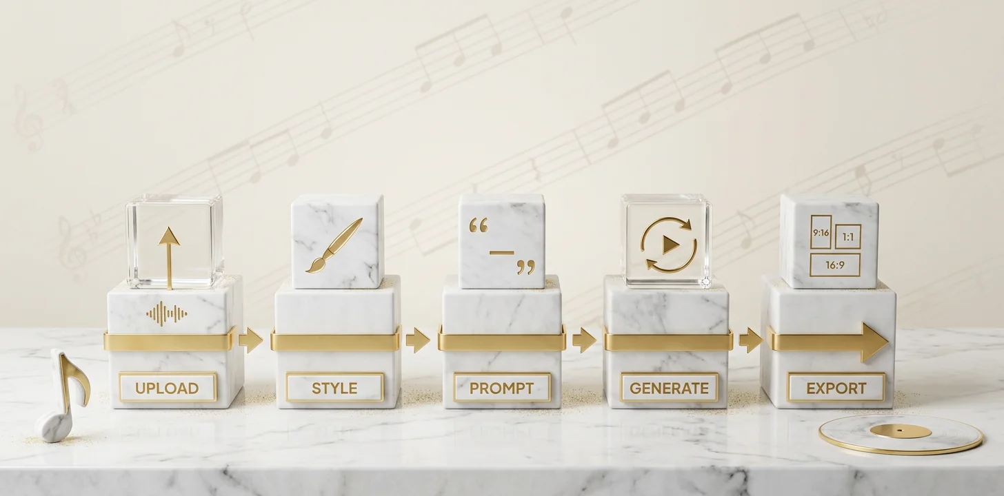 Five-step timeline of the beginner AI music video maker flow from upload to export