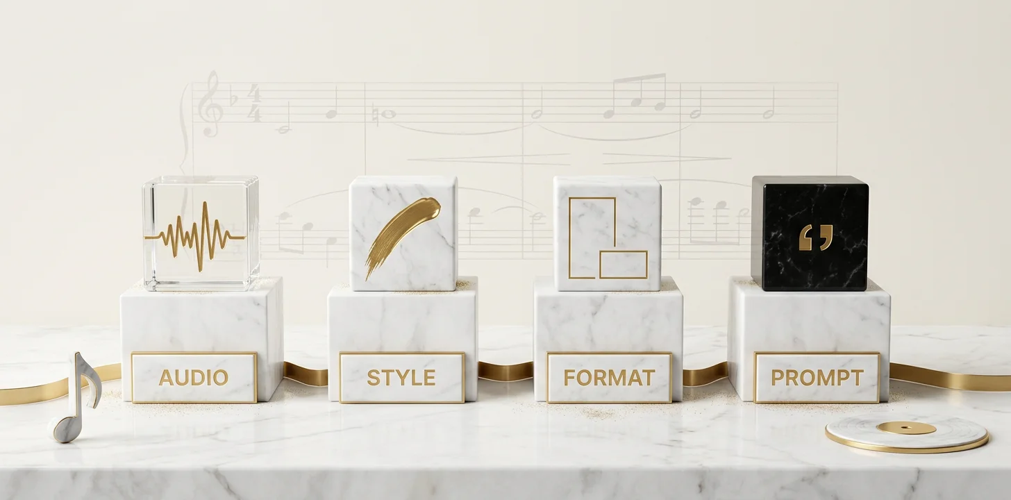 Four marble pedestals showing the four inputs an AI music video maker for beginners needs