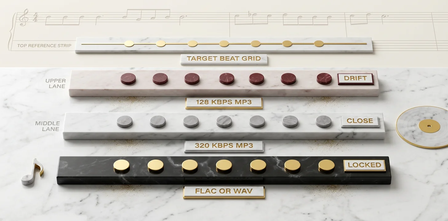 How audio bitrate affects beat detection precision: 128 kbps drifts, 320 kbps is close, FLAC and WAV stay locked to the target beat grid