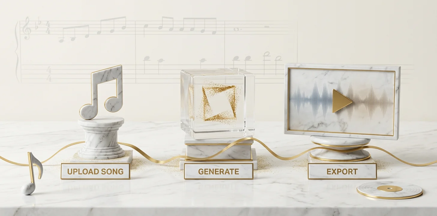 The three step camera-free music video workflow shown as marble step stations