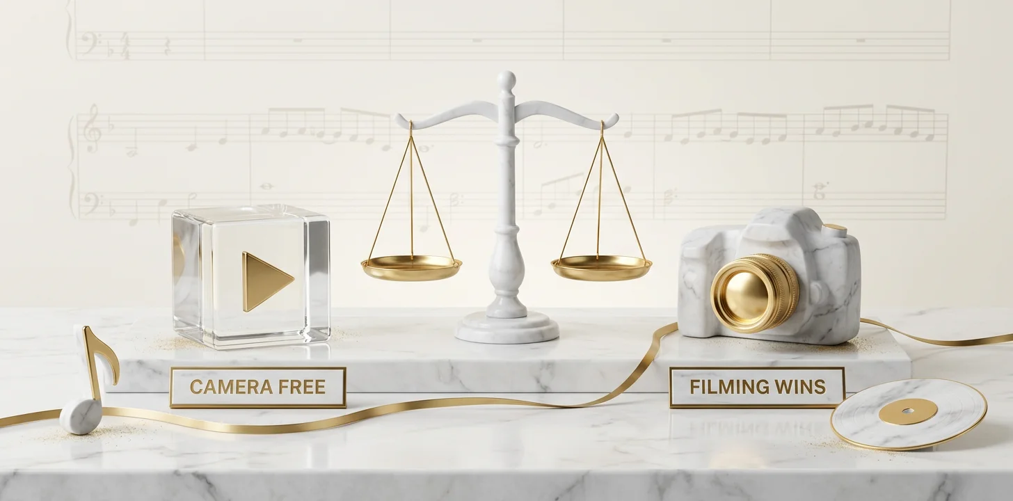 When a camera-free music video fits versus when filming wins shown as a marble balance