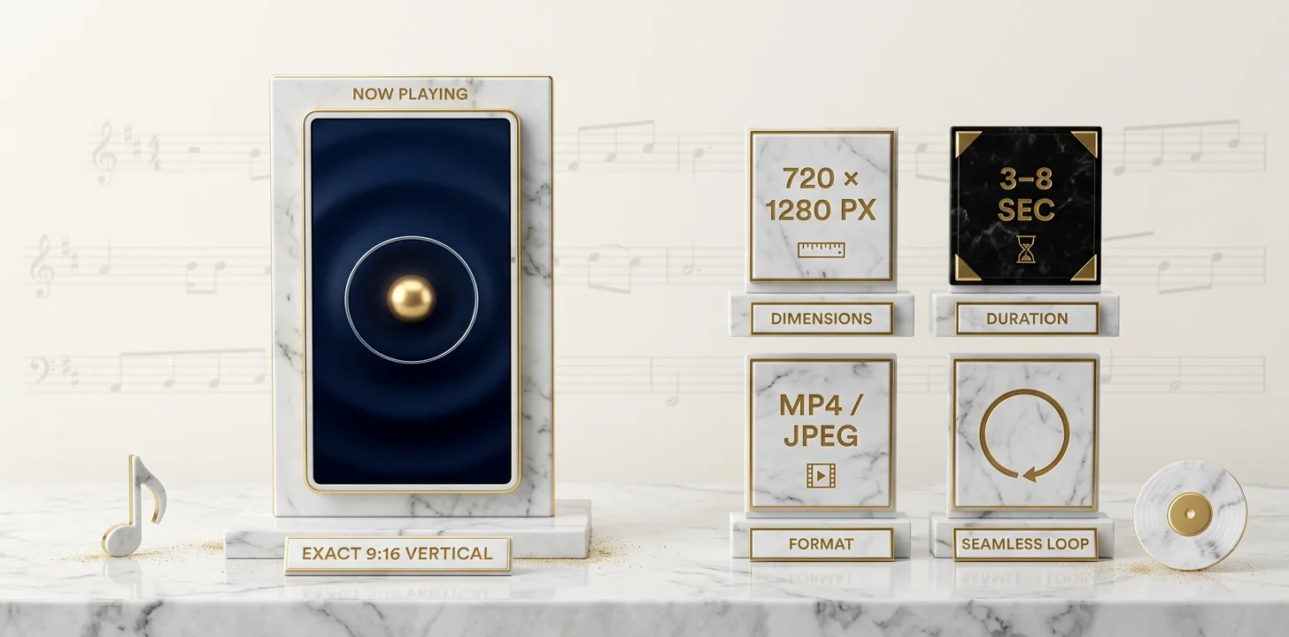 Spotify Canvas spec card showing aspect ratio 9:16, dimensions 720 by 1280 minimum, duration 3 to 8 seconds with 4 to 6 second sweet spot, file size under 15MB target with 25MB cap, MP4 or JPEG, no audio, looping required