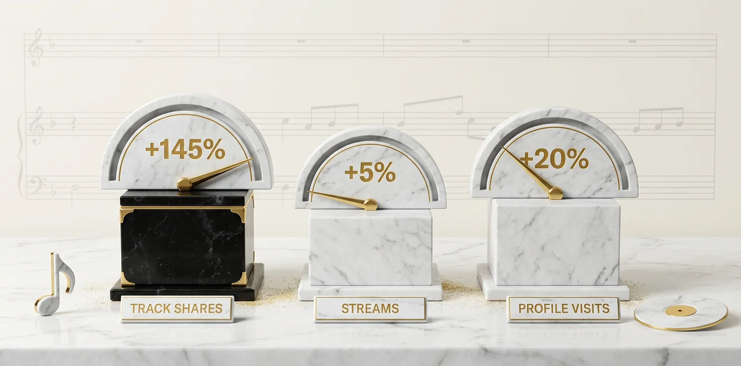 Three Canvas uplift metrics Spotify reported — 145 percent more shares, 5 percent more streams, 20 percent more profile visits — and what each metric means