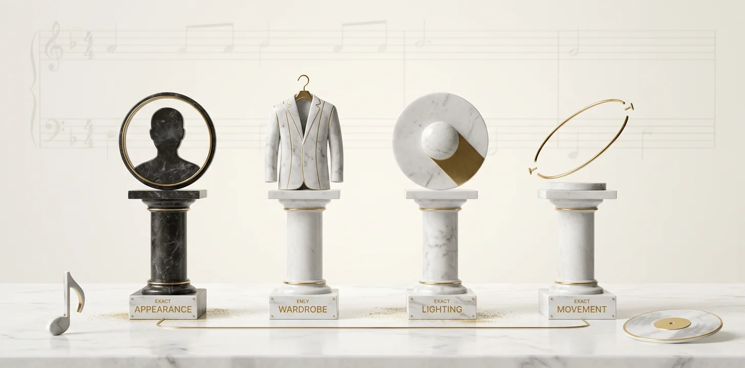 The 4 dimensions of character consistency in AI music videos: appearance, wardrobe, lighting, and movement