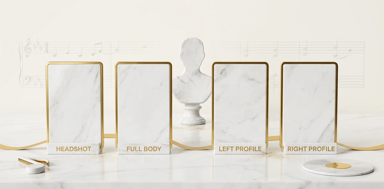 The four character reference slots that build a consistent face in ai video: headshot, full body, left profile, right profile