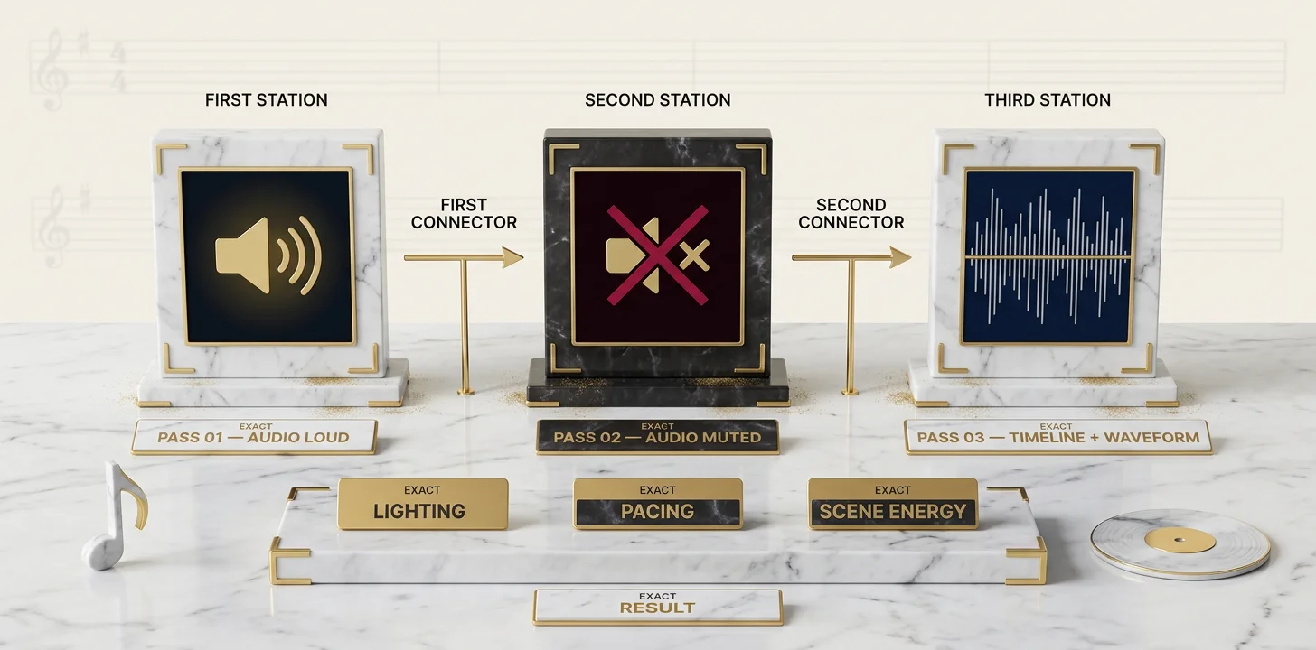 Three pass chorus diagnostic: watch with audio loud, watch on mute to test lighting, watch the timeline against the waveform to test pacing and scene energy
