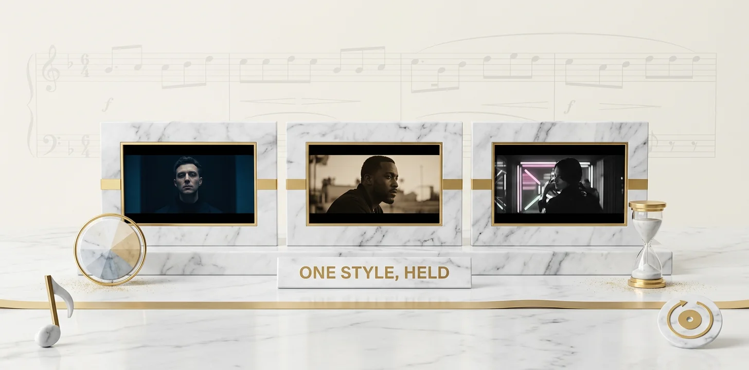 Three consistent scenes holding one film look style across a cinematic music video