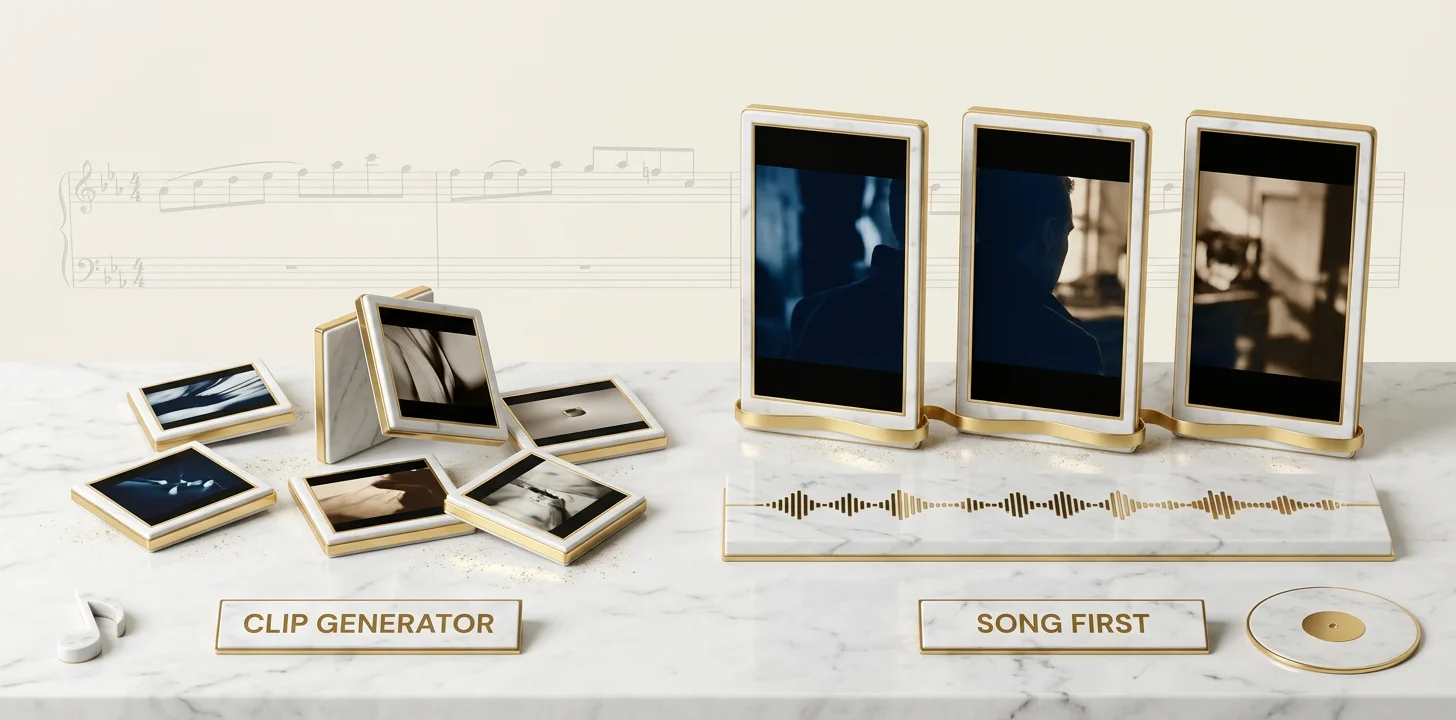 Comparison of a prompt driven clip generator and a song first pipeline that builds scenes from an audio file