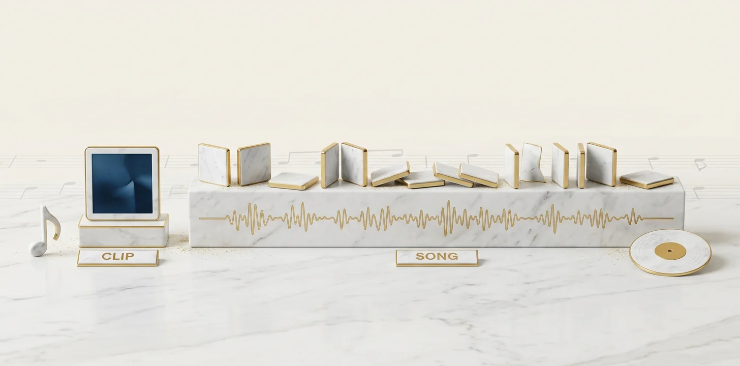 Why short generated clips leave the assembly work for a full length song to the artist