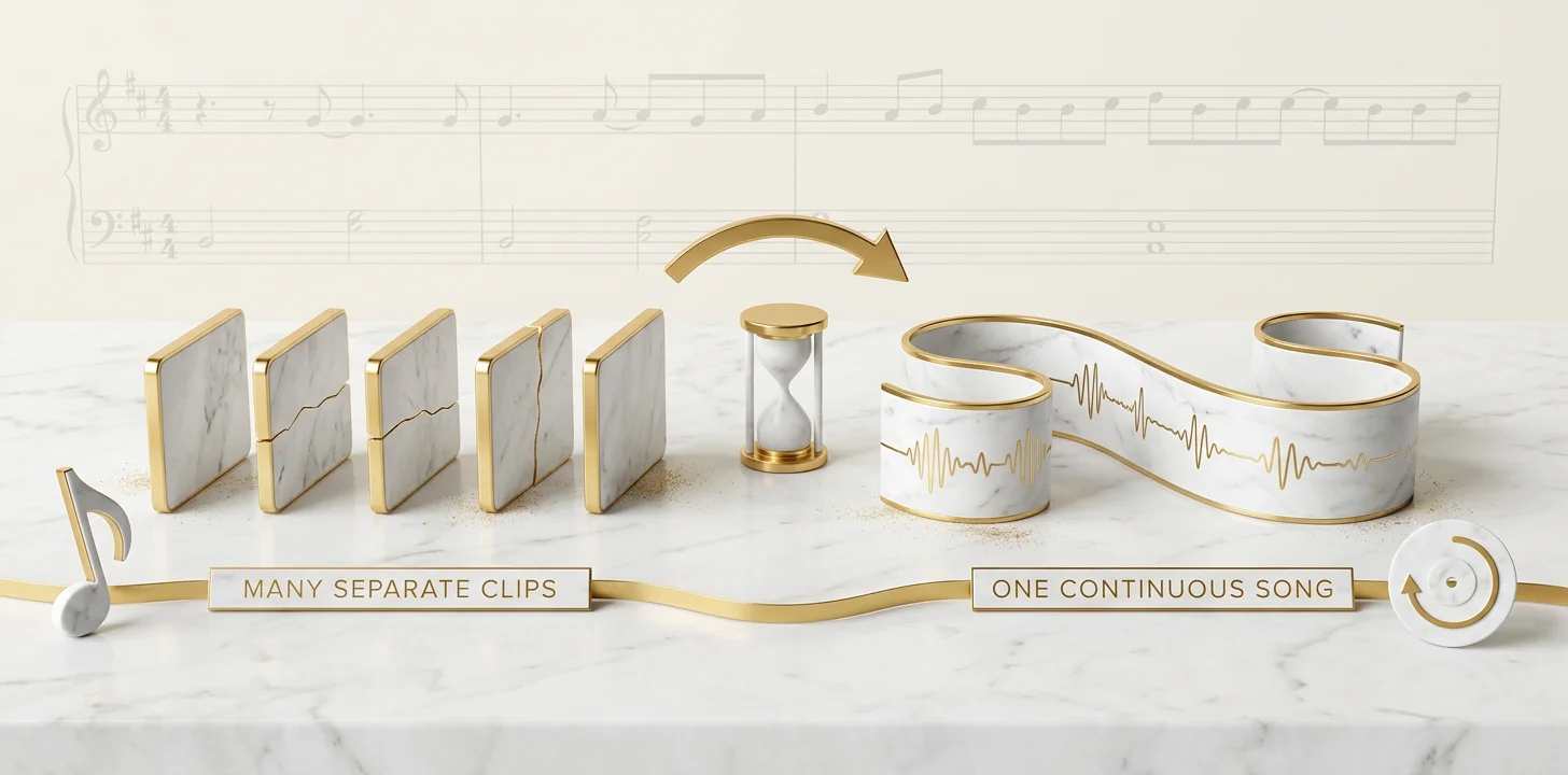Comparison of assembling many separate short AI clips by hand against one engine that reads the full song before generating