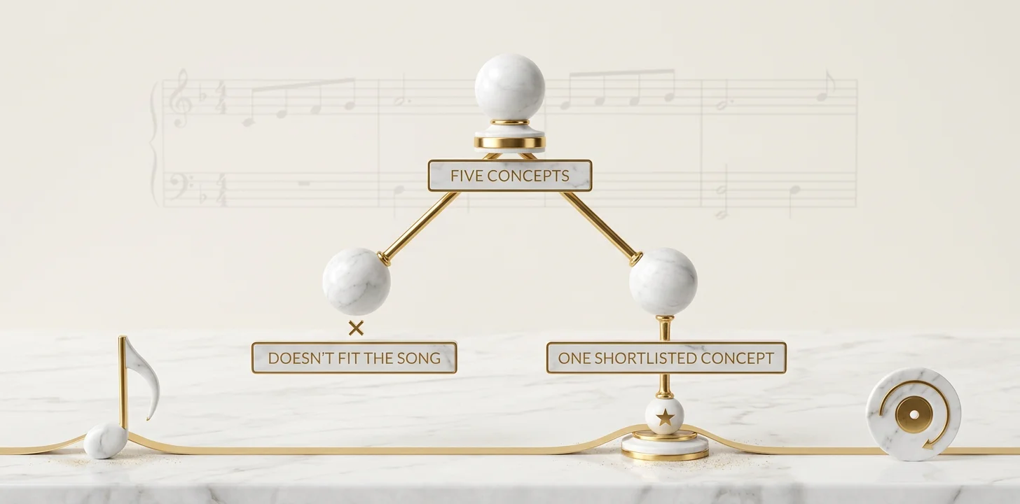 Decision tree filtering a catalog of music video concept ideas down through fit questions to one shortlisted concept