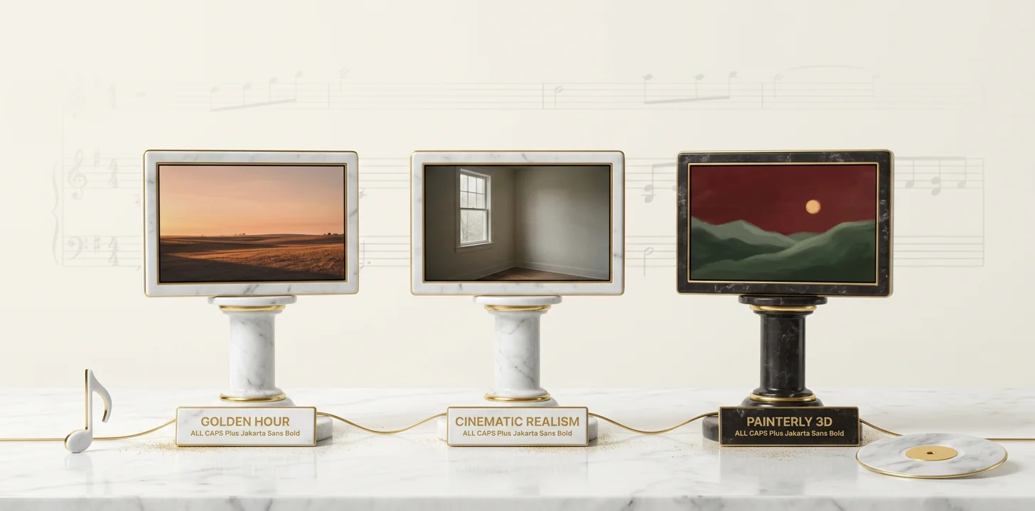 The three Echonos style presets that carry country and Americana work: Golden Hour, Cinematic Realism, and Painterly 3D, with key qualities and when to use each