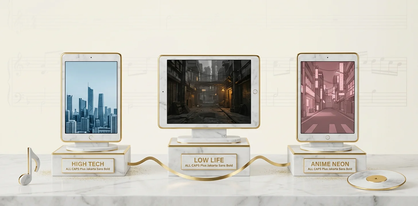 The four cyberpunk music video sub-looks shown as restrained marble screen tiles