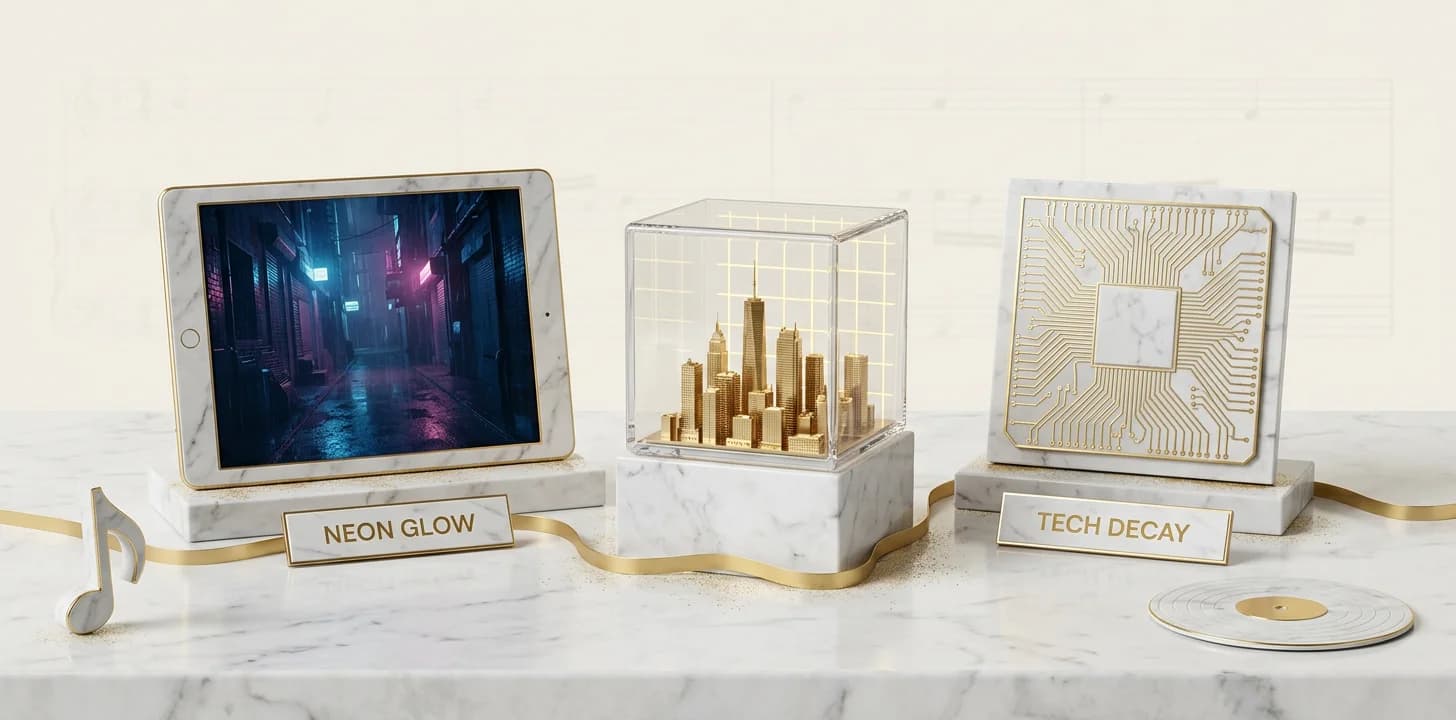 The cyberpunk style music video visual language shown as neon and dystopia codes in marble and gold