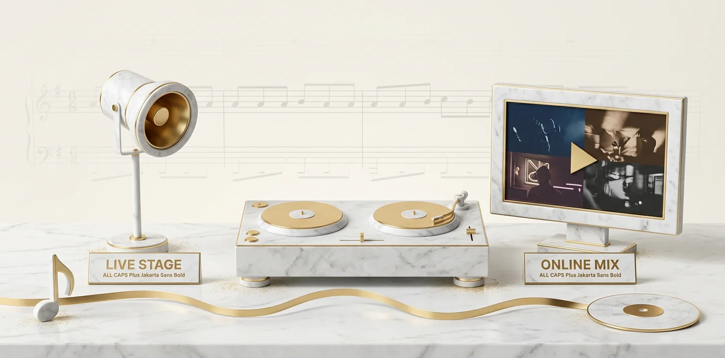 Comparison of live dj set visuals versus online dj mix video visuals as a marble diorama