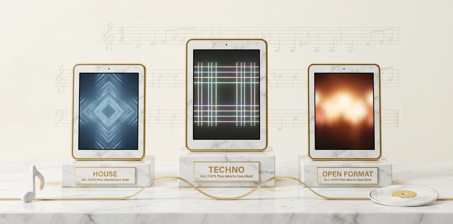 Matching ai dj visuals to the set genre shown as a marble triad of screen tiles