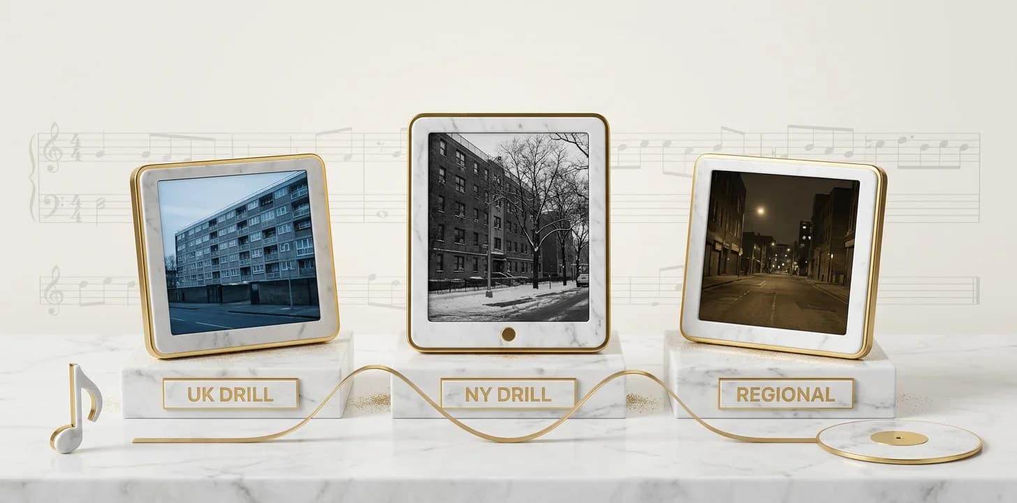 The three drill music video aesthetic dialects UK and NY shown as restrained marble screen tiles