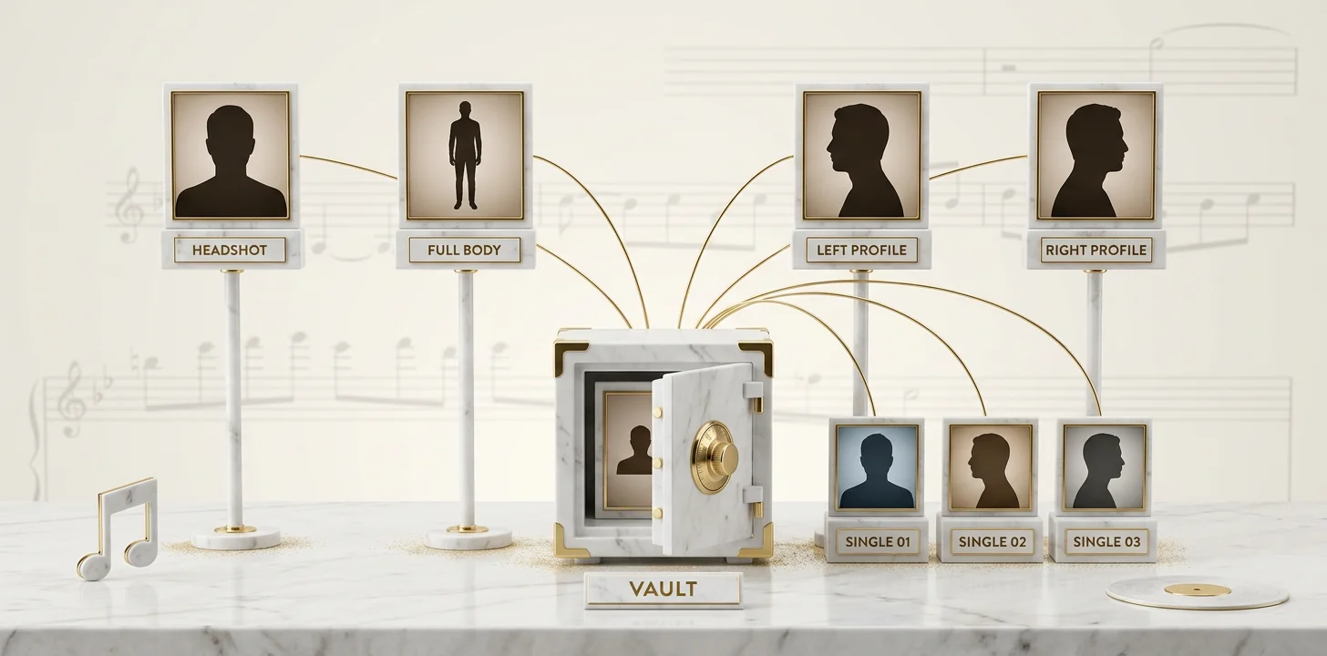 Up to four reference views per Echonos Character: headshot, full body, left and right profile, saved once to your Vault and applied automatically across every release