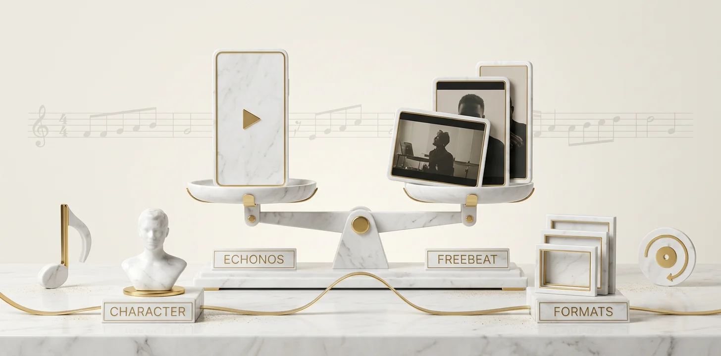 Echonos vs Freebeat feature comparison across format, beat-sync, character consistency, scene control, and pricing