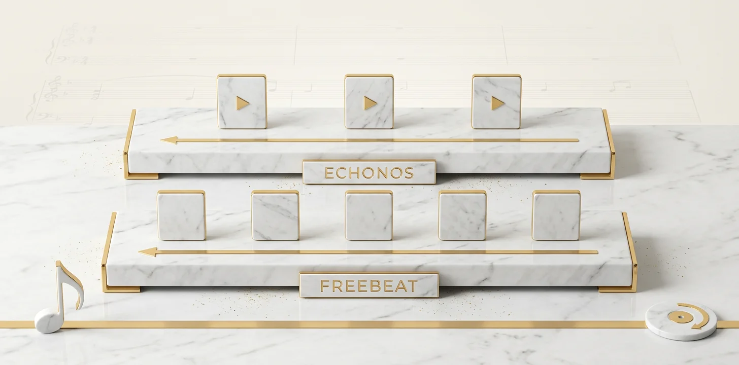 Side by side workflow of Echonos single-pipeline generation versus Freebeat multi-stage agent pipeline