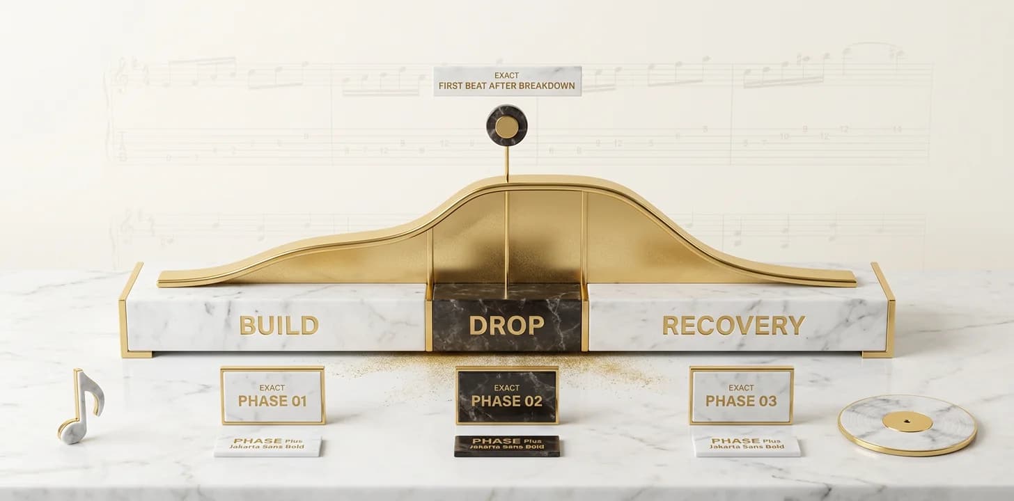 The build, drop, recovery visual rhythm for an EDM music video, with an energy curve marked at the first beat after the breakdown