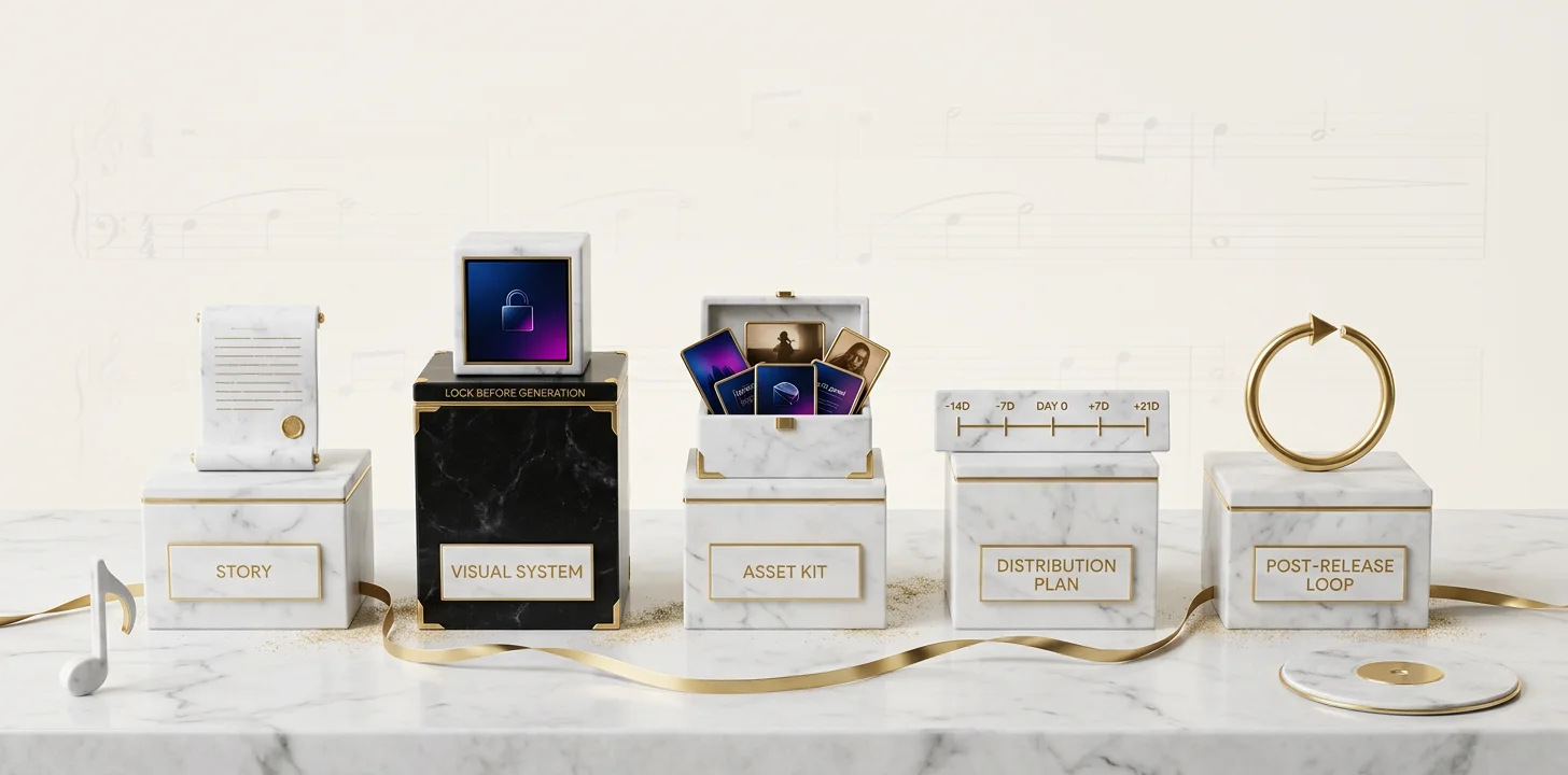 The five components of a modern music release campaign — story, visual system, asset kit, distribution plan, post release loop