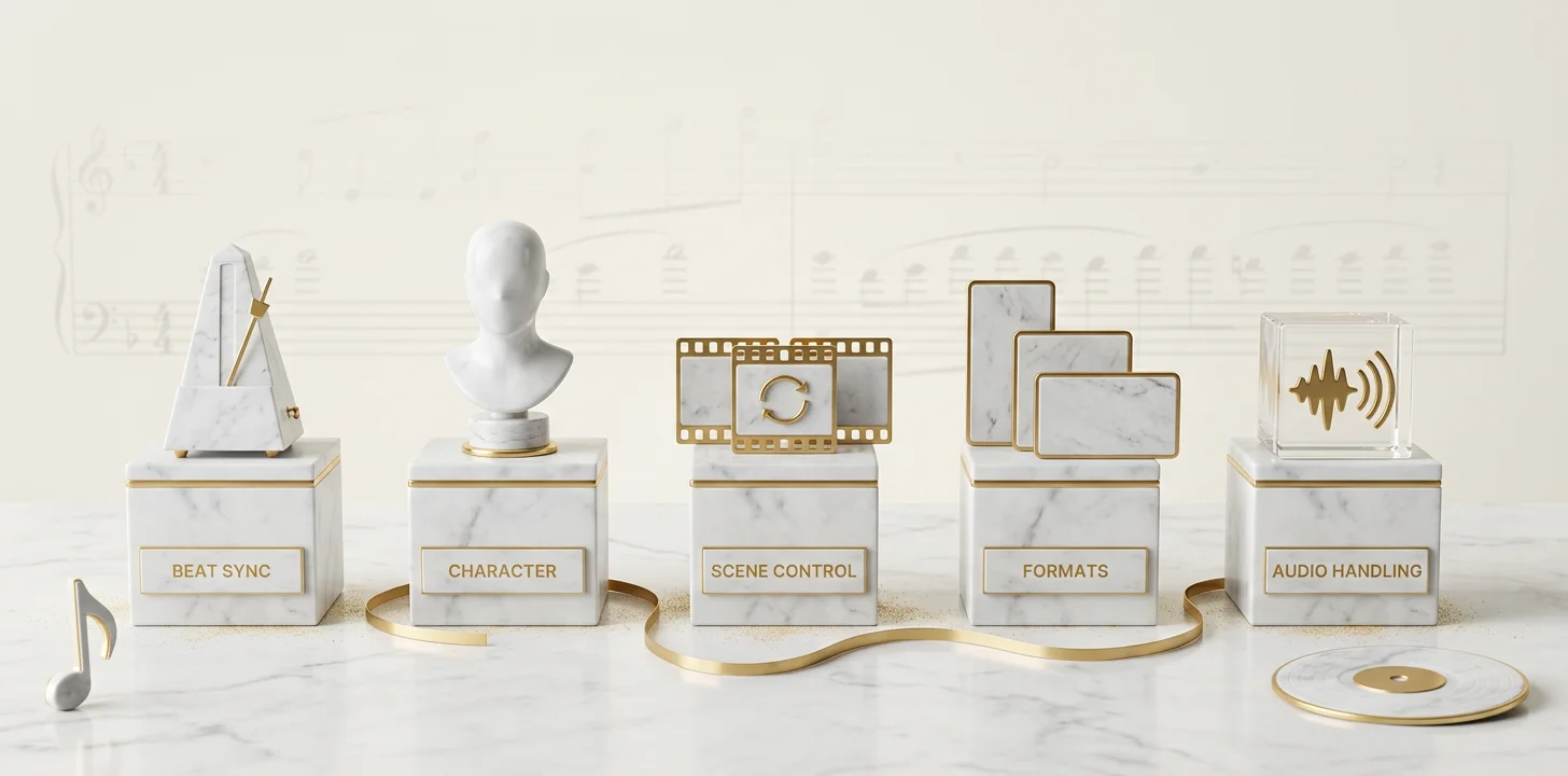 Five evaluation axes for the best AI music video generator: beat sync, character, scene control, formats, audio