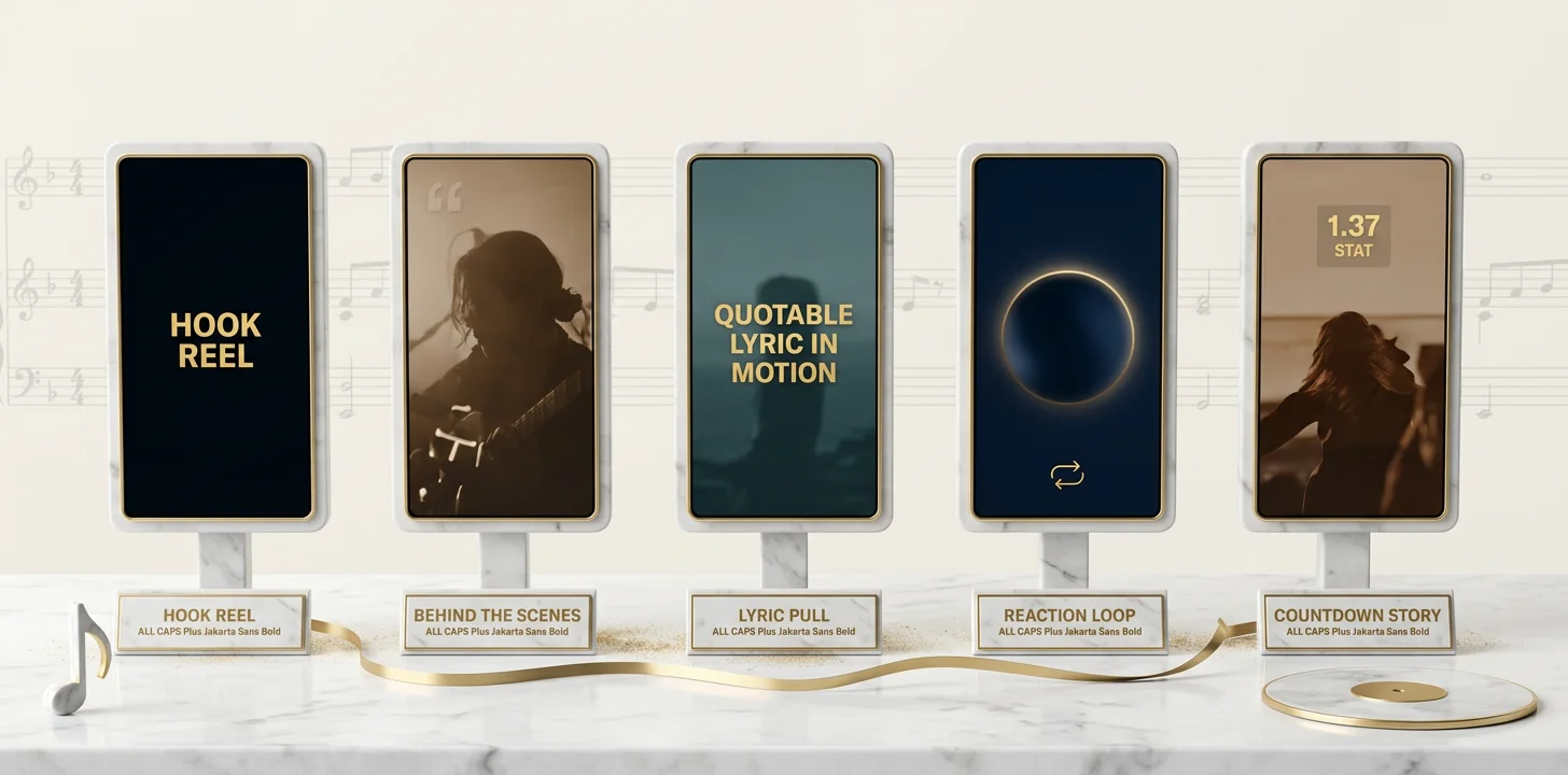 Five promo formats: hook reel, behind the scenes, lyric pull, reaction loop, countdown story