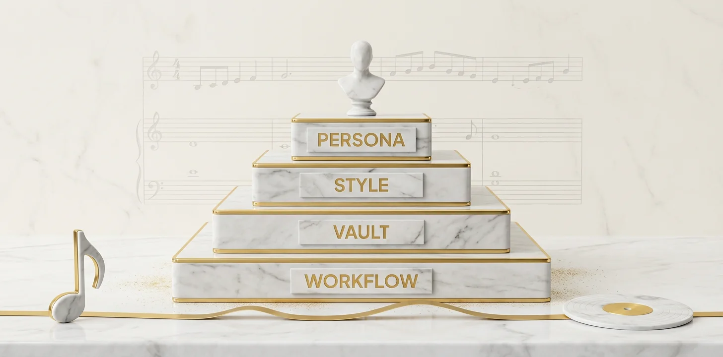 The four-layer artist manager visual toolkit stack: persona, style, vault, and workflow