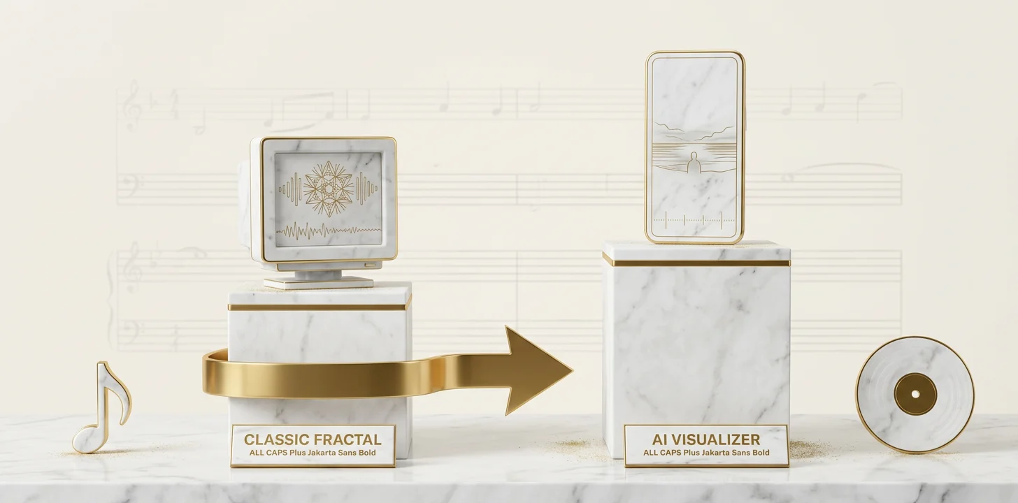 Cambio del visualizador de música clásico con fractales al moderno con conciencia de escena