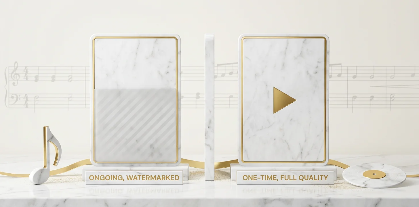 An ongoing watermarked free tier compared against a one-time full-quality signup credit allocation