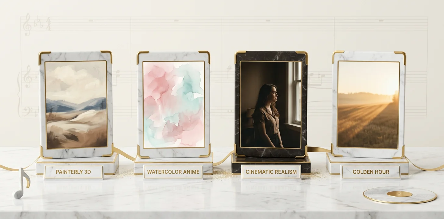 Painterly 3D, Watercolor Anime, Cinematic Realism, and Golden Hour mapped to singer songwriter song moods