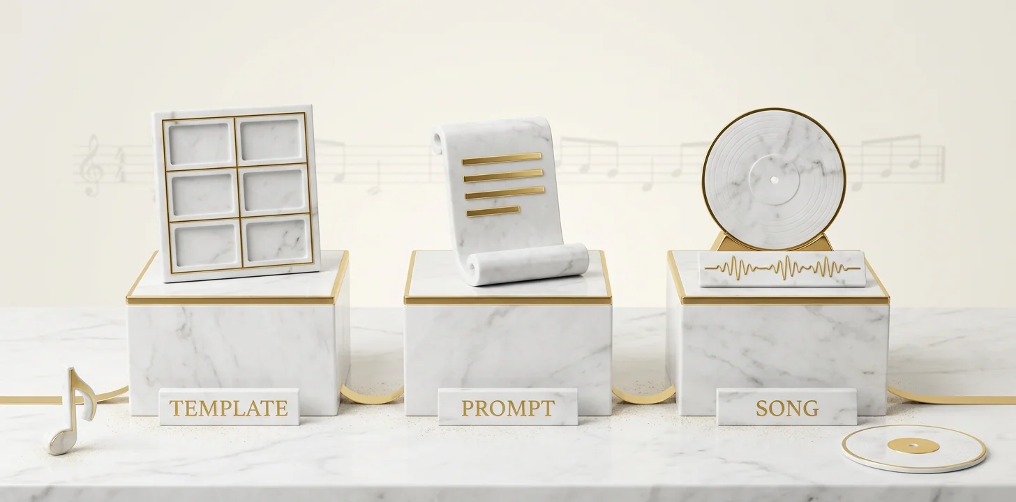 The three inputs a video tool can expect from you: a template to fill, a prompt to generate from, or a finished song