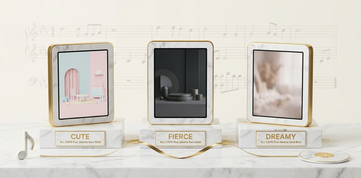The k-pop visual style sub-styles shown as restrained marble screen tiles