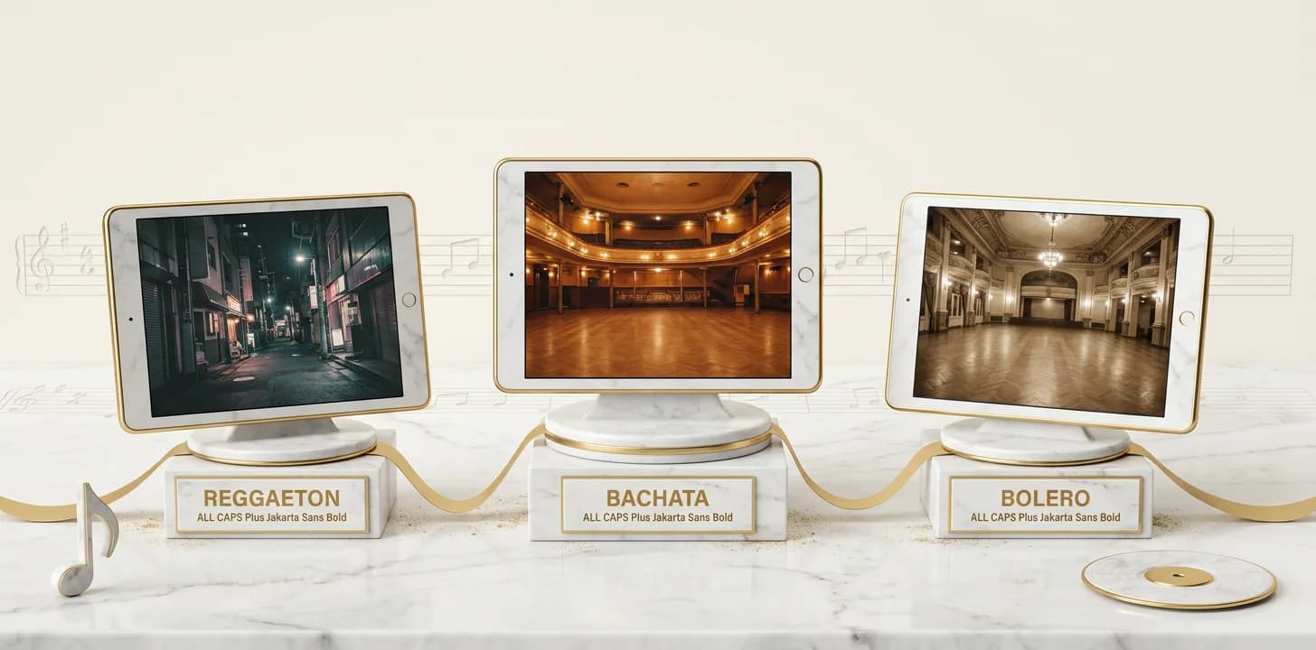 The reggaeton bachata and bolero latin music video visual codes shown as marble screen tiles