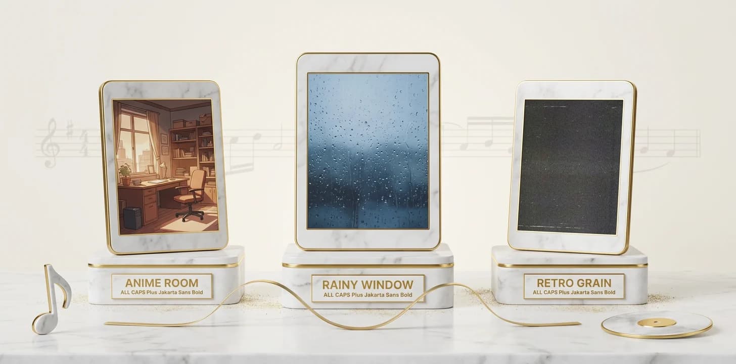 The lo-fi hip hop visualizer sub-aesthetics shown as restrained marble screen tiles