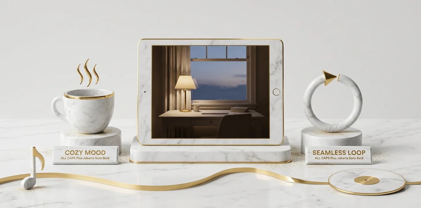 The lo-fi visualizer visual codes calm loop and warmth shown as a marble and gold diorama