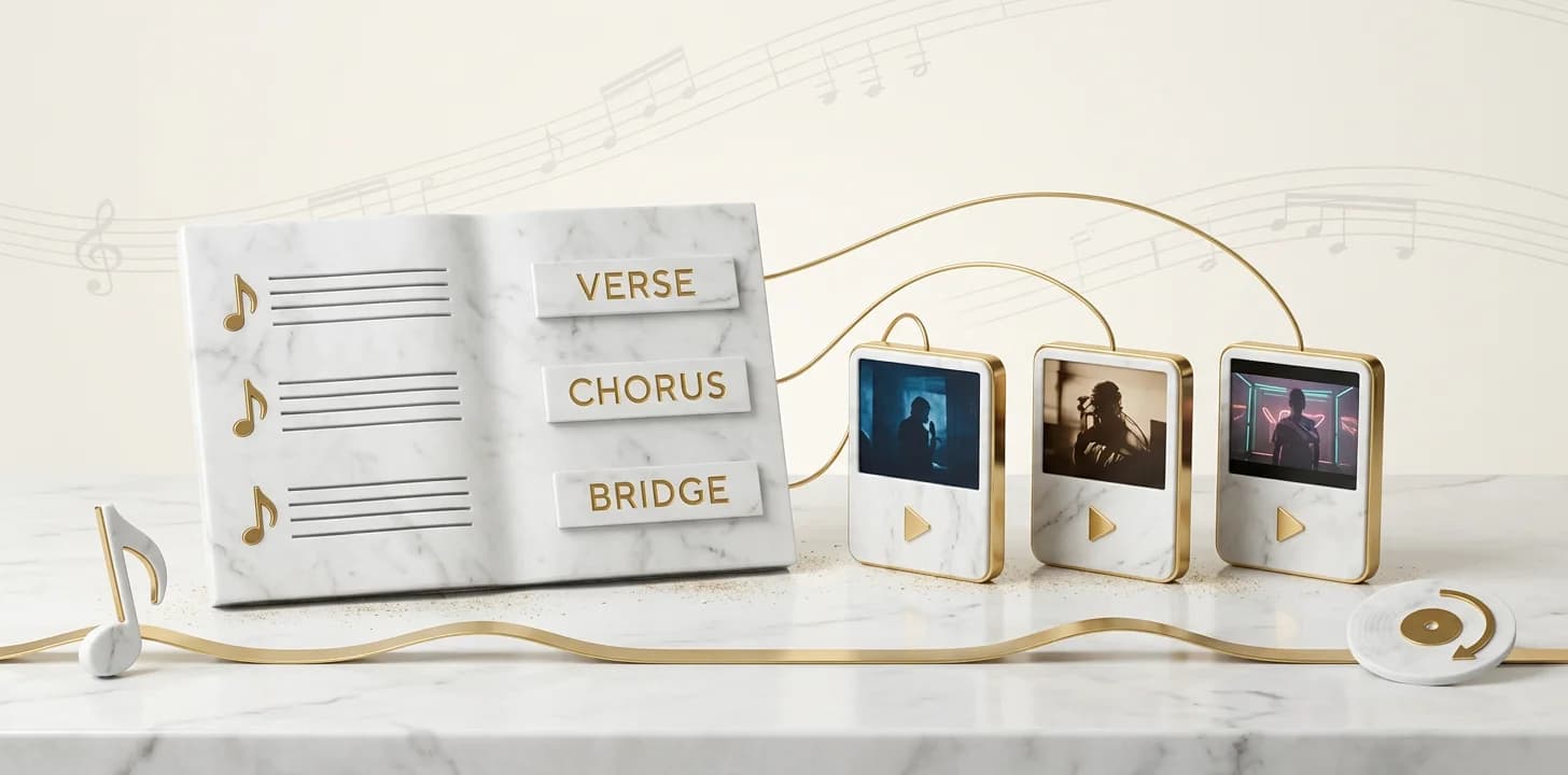 Mapping lyric sections like verse, chorus, and bridge to their matching video scenes before generating